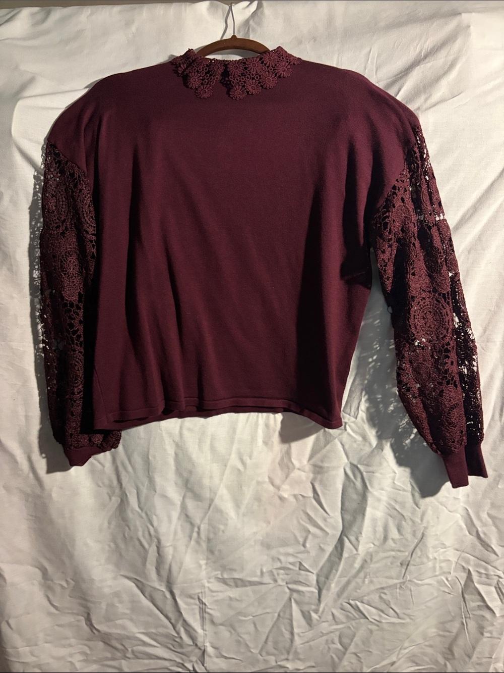 Belldini Burgundy Crochet Sleeve Mock Neck Sweater